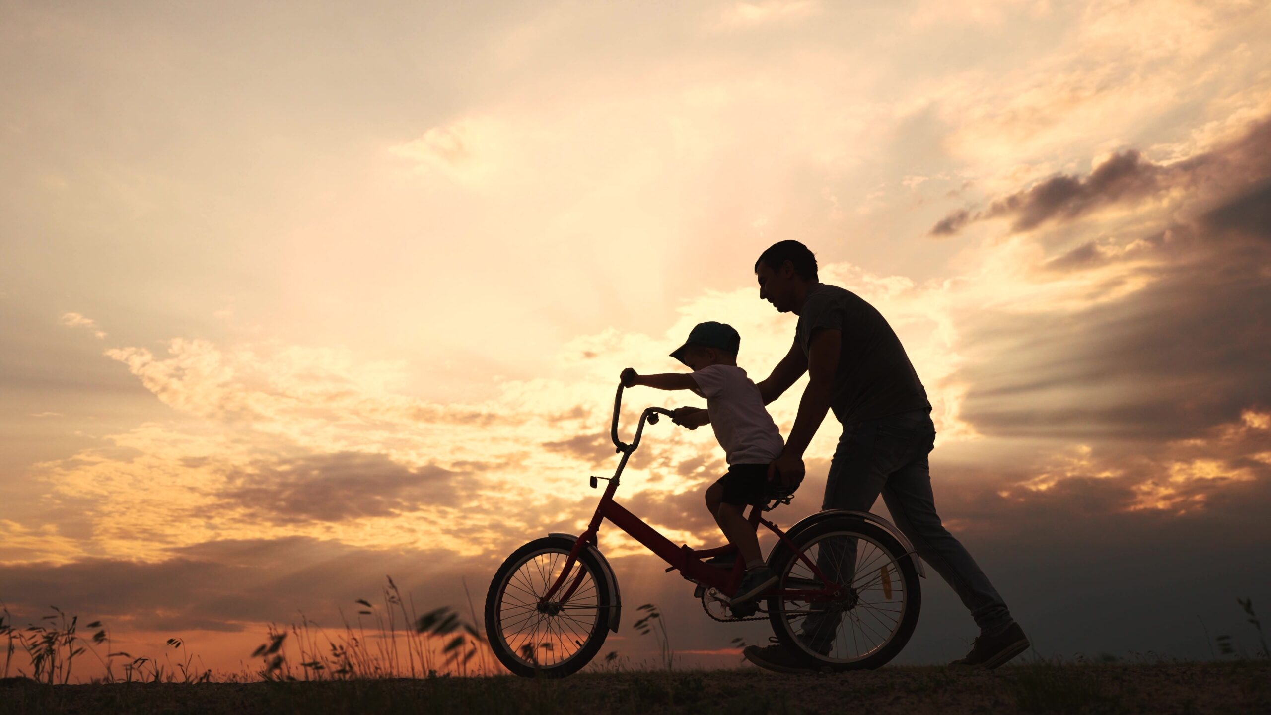 Happy Family In The Park, Father Teaching Son To Ride